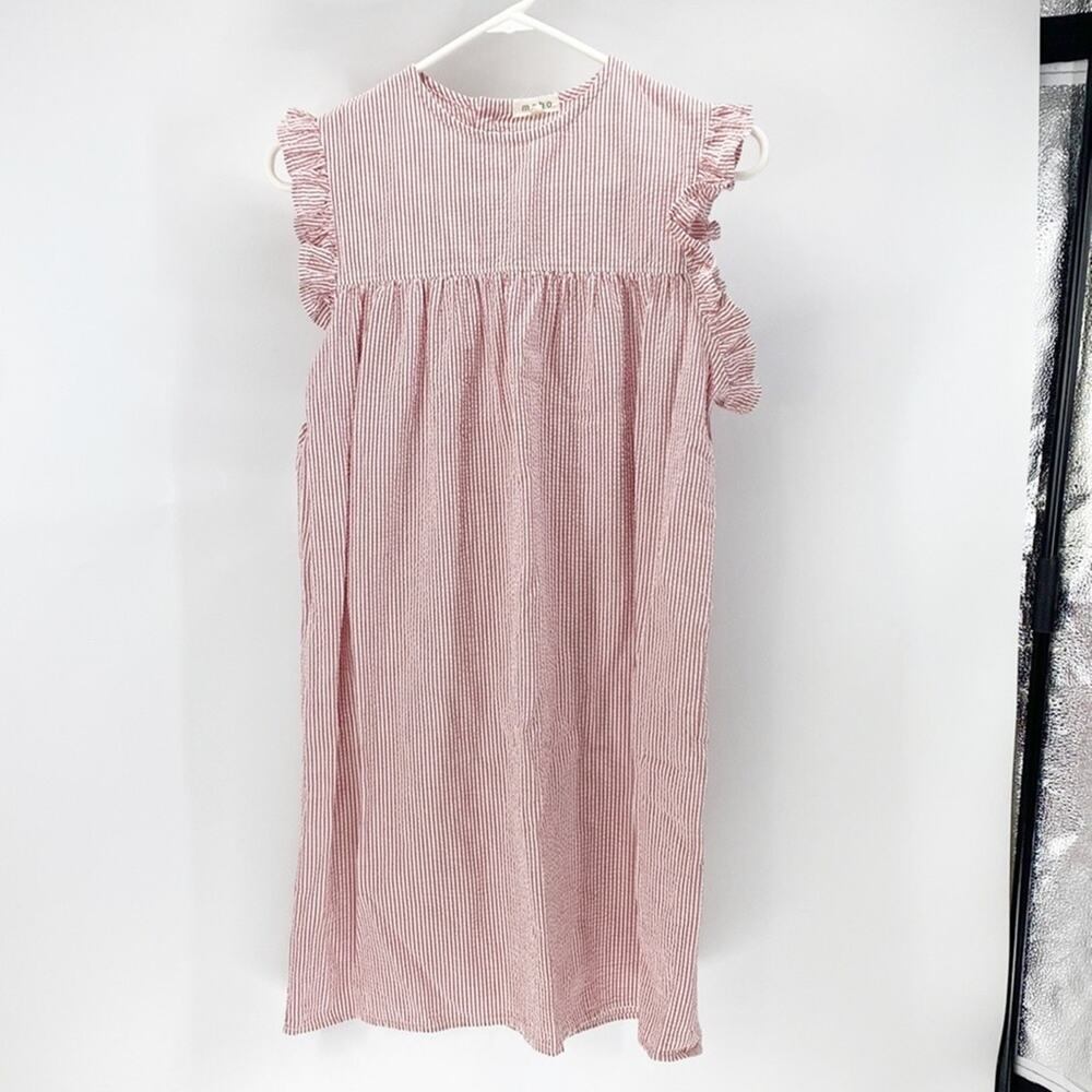 Mabo sea-sucker red ruffled cap sleeve midi preppy nautical  dress size 12/13